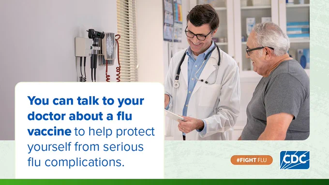 A healthcare provider and an older adult in a clinical setting. Overlay text reads “You can talk to your doctor about a flu vaccine to help protect yourself from serious flu complications.” The hashtag Fight Flu and CDC logos are on the bottom.