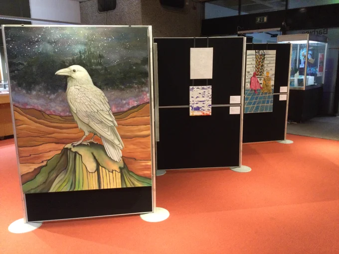 a photo showing an art exhibition featuring work by the artist hazel east in the barbican library