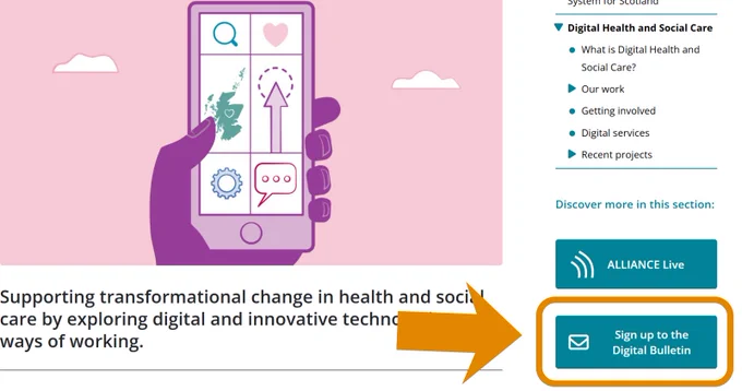 Screenshot showing the 'Sign up to the bulletin' button on the right hand side of the Digital website page