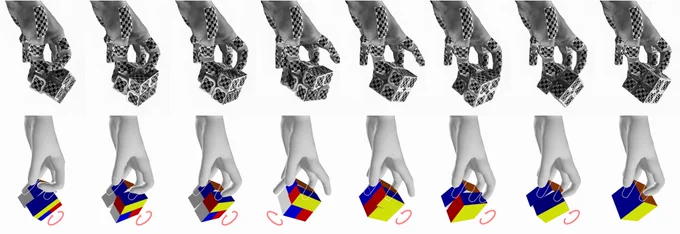 DexterCap captures dexterous manipulation of a Rubik’s Cube. Top: raw multi-camera footage showing character-coded marker patches. Bottom: reconstructed 3D hand and object motion. Dense marker coverage enables accurate reconstruction of subtle, natural in-hand manipulation motions.