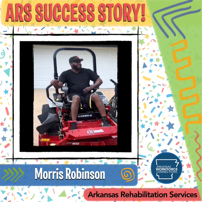 Morris Robinson is sitting and smiling on his riding lawnmower.