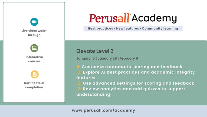 Perusall Academy Elevate (Level 3) - the most advanced course for hands-on training. Learn how to customize your scoring and analytics and add quizzes.
