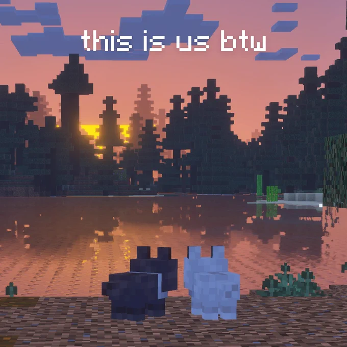 Two baby wolves look over a lake during a sunset. Copy on top of the screen reads "this is us btw"