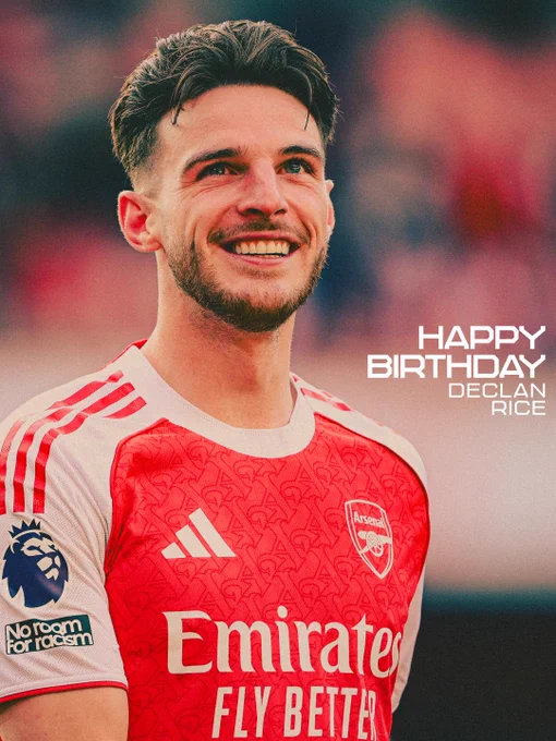 A graphic showing an image of Declan Rice with text that reads: 'Happy birthday Declan Rice'