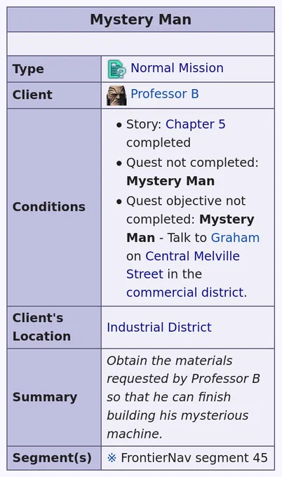 The infobox for Xenoblade X's "Mystery Man" sidequest. The list of conditions for the quest appearance reads:
"Story: Chapter 5 completed
Quest not completed: Mystery Man
Quest objective not completed: Mystery Man - Talk to Graham on Central Melville Street in the commercial district."