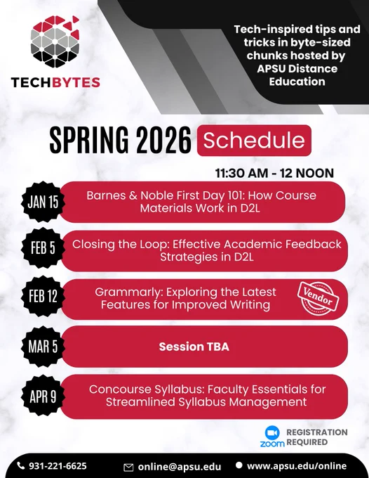A flyer that says, "TECHBYTES: Tech-inspired tips and tricks in byte-sized chunks hosted by APSU Distance Education. SPRING 2026 Schedule. 11:30 am - 12 NOON. January 15, Barnes & Noble First Day 101: How Course Materials Work in D2L. February 5, Closing the Loop: Effective Academic Feedback Strategies in D2L. February 12, Grammarly: Exploring the Latest Features for Improved Writing (Vendor Session). March 5, TBA. April 9, Concourse Syllabus: Faculty Essentials for Streamlined Syllabus Management.  931-221-6625. Zoom Registration Required. online@apsu.edu www.apsu.edu/online" 