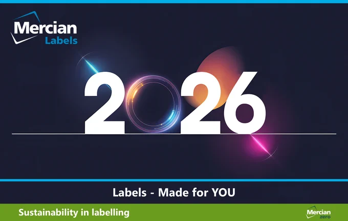 A black background with a large, primarily white '2026' in the centre, with the zero appearing as an electric blue, purple and orange circle, and a strap line in white centred towards the base of the image stating ‘Labels – Made for YOU’ and the words ‘Sustainability in labelling’ beneath that on a mid-green background. The Mercian Labels logo appears in the top left corner and the Mercian Zero logo in the bottom right.