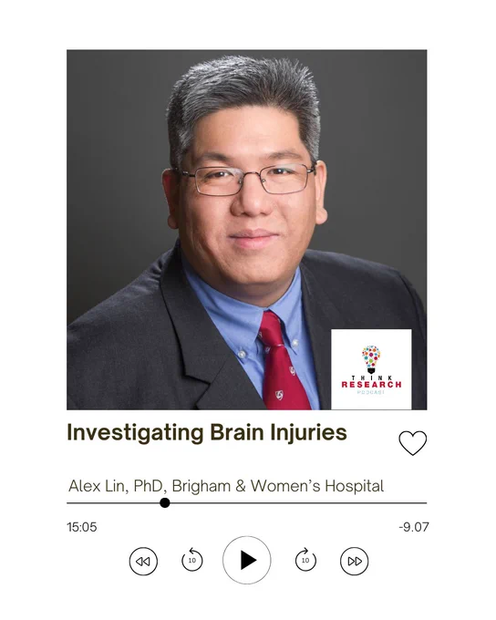 Headshot of Alex Lin shown on an illustration of his podcast episode playing on a phone screen. 