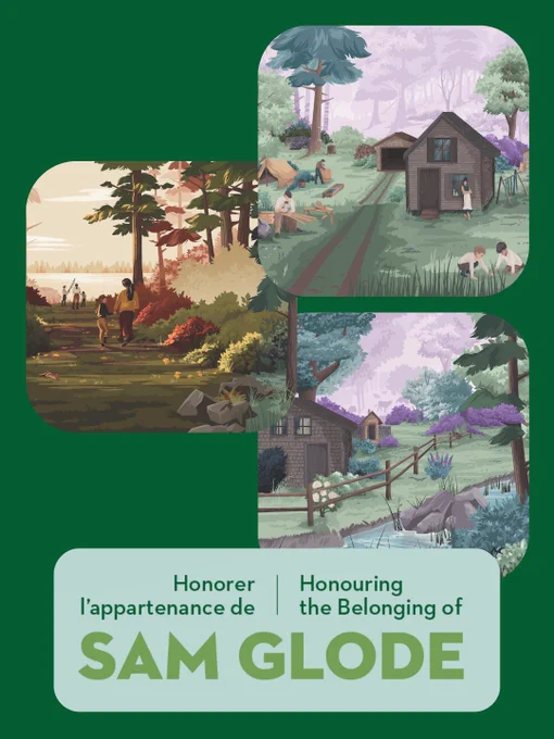 Image illustrative avec le texte « Honorer l’appartenance de Sam Glode », présentant trois panneaux de dessins dans divers décors extérieurs avec des individus engagés dans des activités quotidiennes dans un cadre rural.