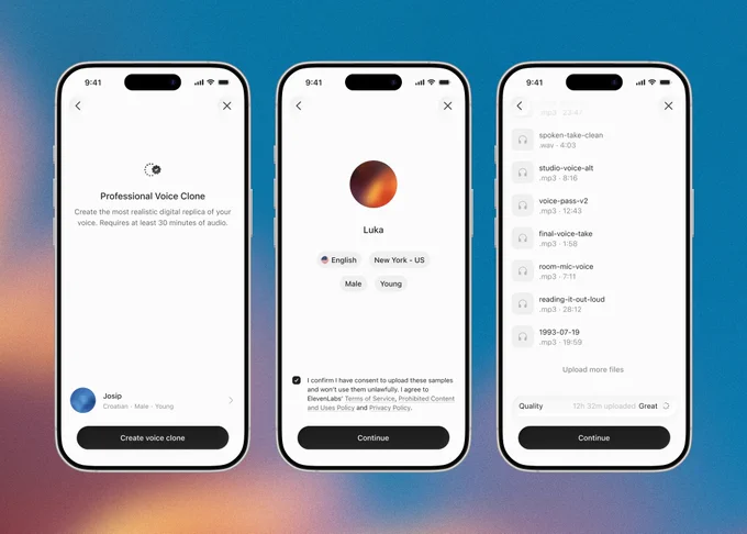Three iPhone screens showing the Professional Voice Cloning flow in the ElevenLabs mobile app, including the intro screen, voice profile and consent setup, and a list of uploaded audio files with a quality indicator and continue action.