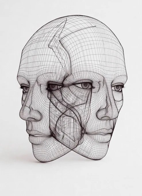 A wire frame of two interconnected human faces, looking in opposing directions