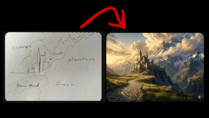 Hand-drawn sketch of a castle on a mountain with labeled clouds, stone road, and grass next to a detailed digital painting of the same castle scene at sunset.
