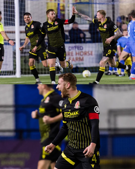 Alex Gammond celebrates scoring for Briton Ferry against Haverfordwest County.
