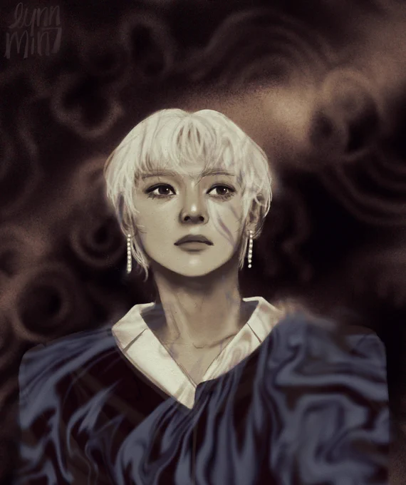 painted portrait of ateez yeosang in soft shades of brown, black and blue with stylized smoke textures throughout