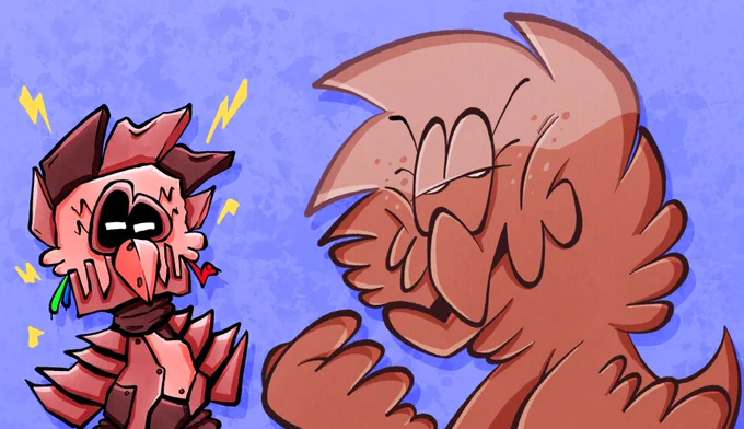Pink bird smugly standing near a fake robot version of themselves.