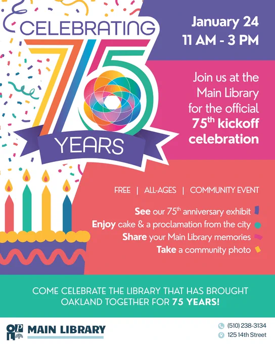 Promotional poster for the 75th anniversary celebration at the Main Library in Oakland. The event is scheduled for January 24, from 11 AM to 3 PM, featuring a cake, an anniversary exhibit, and a community photo opportunity. It emphasizes that the event is free, suitable for all ages, and celebrates the community's support over 75 years.