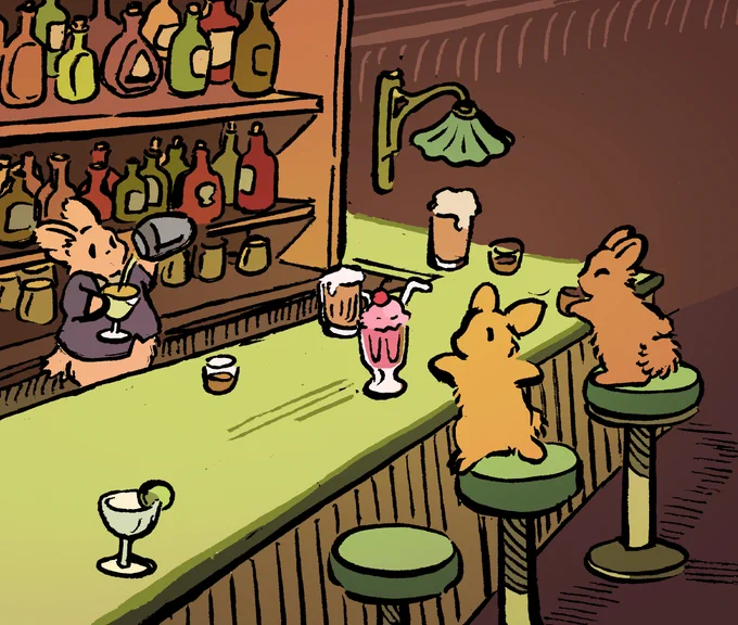 A bunny is standing on a stool at a bar. He catches a strawberry milkshake, which is being slid all the way down the bar like a beer. Next to him is another bunny drinking liquor and more conventional bar beverages