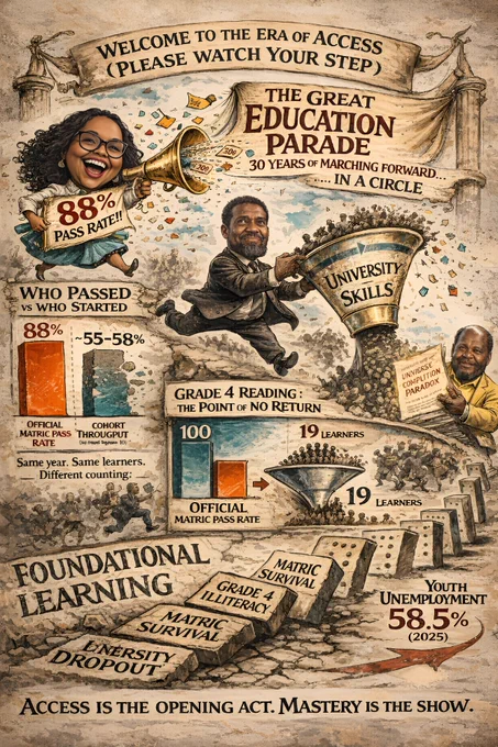 Sjoe! Doors Wide Open, Floors Still Cracked: Why SA Education Needs a Second Transition 🚪📉📚 ~ When Access Isn’t Equity: How Governance Failure Undermined Education Reform 🏛️📚 ~ The Cascade Effect: How Reading Failure in Grade 4 Echoes Into Youth Unemployment 📉👷🏾‍♂️
Imagine achieving something truly historic—flinging open doors that were welded shut for generations—and then discovering, three decades later, that far fewer people are walking through to the other side than when the doors were barely cracked.

In October 2017, then-Statistician-General Pali Lehohla dropped a statistical bombshell that still reverberates: during the darkest years of apartheid, the proportion of black students who actually graduated from university was higher than it became after democracy removed every legal barrier to entry (Lehohla, 2017). 

Apartheid’s deliberate starvation of black education is not up for debate—its evil is etched in law and memory—but for the tiny, hyper-selected cohort it ...