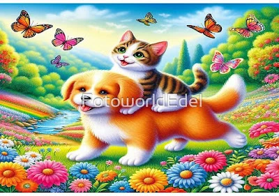 Dog Bernie & Cat Mizzi on a colorful Butterfly Meadow, exploring their magical little World with curious Hearts.