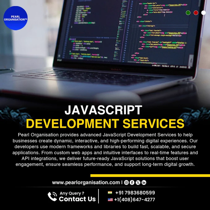 JavaScript development visual featuring coding interface and interactive web elements.