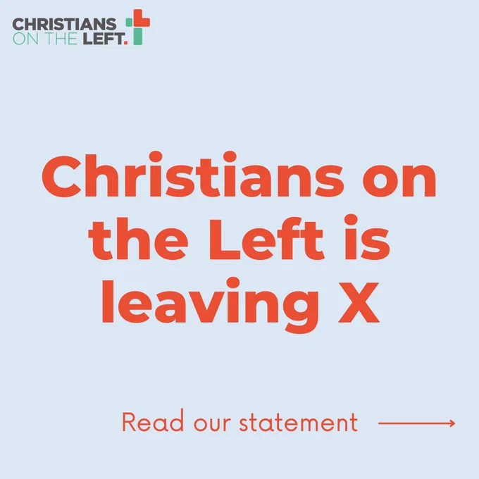 Orange writing on a blue background saying "Christians on the Left is leaving X" The caption provides further details of the platforms they are on which are Facebook, Bluesky, Instagram and TikTok