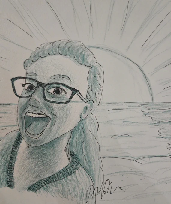 A photo of a black fineliner and teal pencil crayon sketch of Renee Nicole Good, smiling with a wide open mouth at the beach. No edits other than cropping.

Renee Nicole Good was murdered by the US government's secret police force ("ice").

I drew this with my limited skills to connect with her joy, and hopefully this will help others to connect with her joy. As weird as it sounds, I don't believe outrage alone will not be enough to make the change we want, because it its direction is pain. If we want a more loving society, we must have joy at the core of our mission. Renée's joy was taken, let's create more joy in her memory, and let that be the fuel for our outrage to aim it at a loving future, not the other way around. 😊