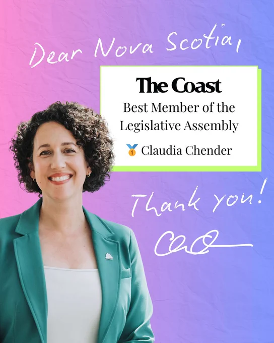 A graphic shows Claudia Chender smiling against a purple-pink background, thanking Nova Scotians after being named Best Member of the Legislative Assembly by The Coast.