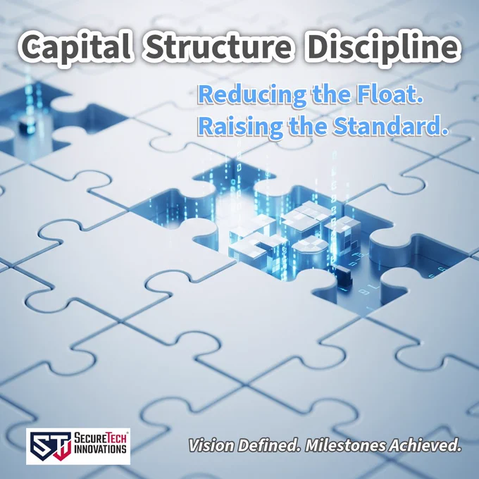 Image of interlocking blue puzzle pieces with glowing light, overlaid text reads “Capital Structure Discipline. Reducing the Float. Raising the Standard.” Tagline below “Vision Defined.  Milestones Achieved.” SecureTech Innovations logo at bottom left. 