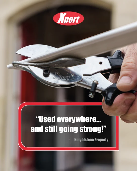 Xpert gasket shears in action cutting plastic window trim, highlighted by a testimonial praising its durability and widespread use.