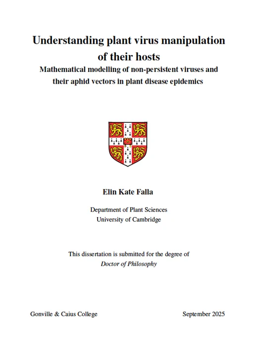 Screenshot of the front page of my PhD thesis, titled "Understanding plant virus manipulation of their hosts: Mathematical modelling of non-persistent viruses and their aphid vectors in plant disease epidemics"