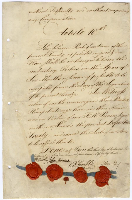 The final page of the Treaty of Paris showing signatories and seals, 1783. NAID: 299805