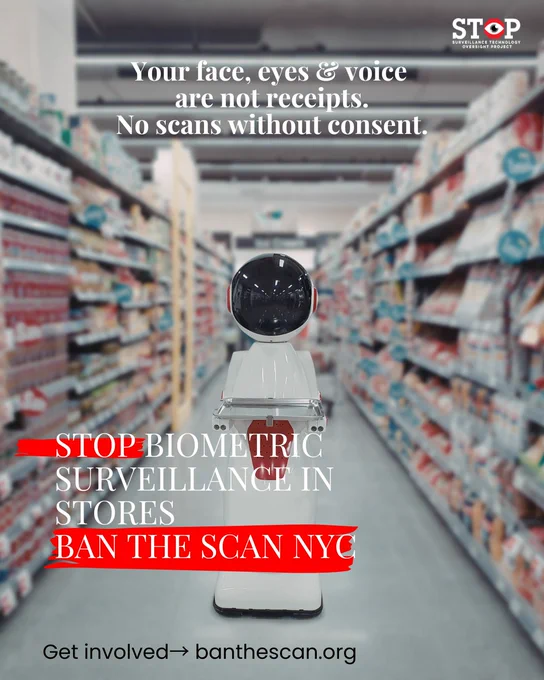 A thought-provoking advertisement uses a futuristic robot standing in a supermarket aisle to protest biometric surveillance with a powerful message.