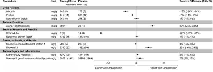 Effect of empagliflozin versus placebo on study average concentration of urine biomarkers (indexed to urine creatinine). The MMRM model was adjusted for the prognostic variables specified in the minimized randomization algorithm (i.e., age, sex, prior diabetes, eGFR, uACR, and trial site region) in the same categories used in the minimization process, initial freezer storage temperature (-20°C versus below -20°C) and baseline log2-transformed urine biomarker-creatinine ratio. A weighted average of 2- and 18- month values proportional to the amount of time between visits was used to estimate the study average log2-transformed urine biomarker-to-creatinine ratio in each arm. Absolute values indicate geometric mean (approximate SE) creatinine-indexed urine biomarker concentration in the units specified. The size of the boxes represents the amount of information estimated.