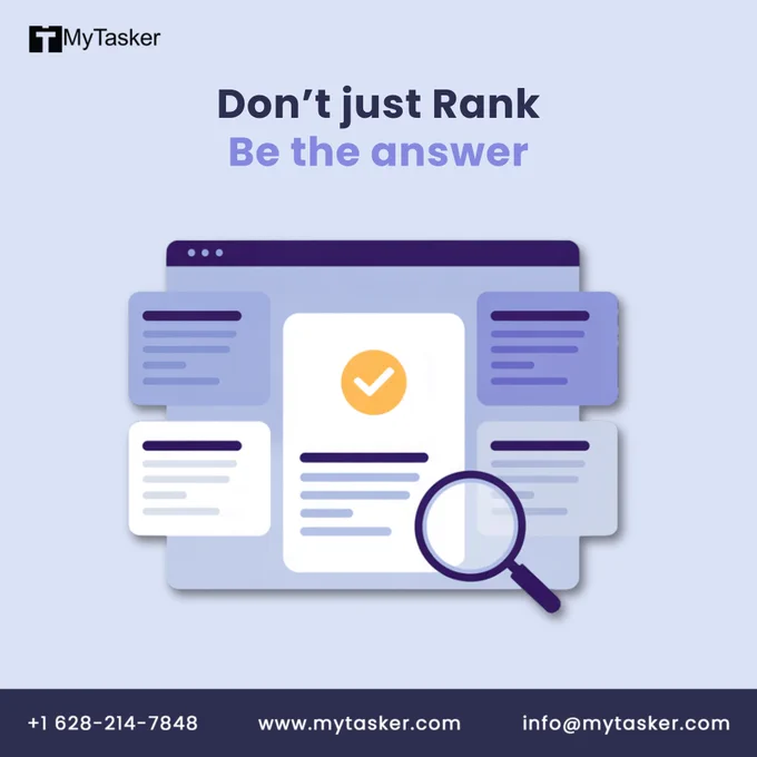 MyTasker SEO services graphic featuring a website interface with a magnifying glass and checkmark. Text reads: Don’t just Rank - Be the Answer. Illustrating search engine optimization strategies for business growth.