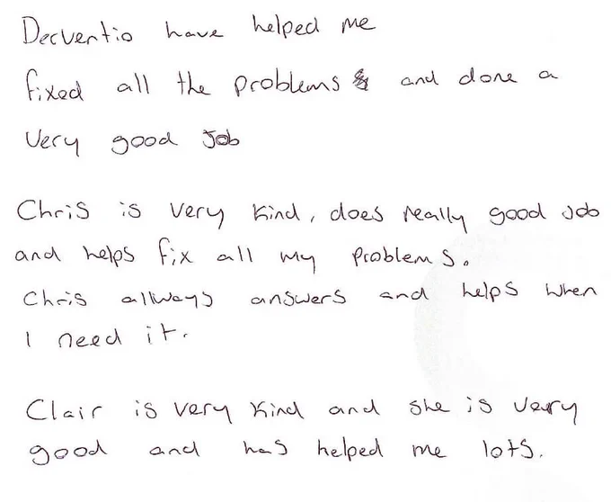 A picture of the positive feedback from a resident about Housing and Support staff Clair and Chris.