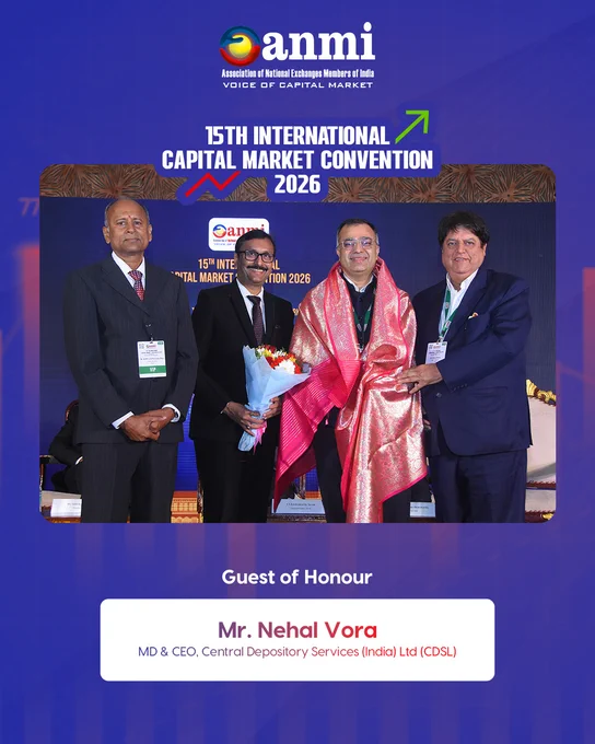 ANMI International Capital Market Convention 2026 image of Mr. Nehal Vora, MD & CEO, CDSL, addressing the audience as Guest of Honour at the podium, reinforcing trust, transparency, depositories, investor confidence, and market infrastructure in India’s capital markets.