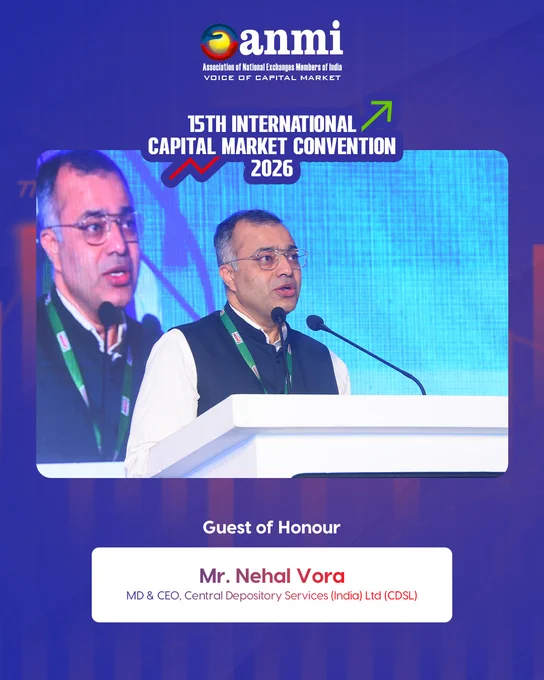 ANMI International Capital Market Convention 2026 image of Mr. Nehal Vora, MD & CEO, CDSL, addressing the audience as Guest of Honour at the podium, reinforcing trust, transparency, depositories, investor confidence, and market infrastructure in India’s capital markets.