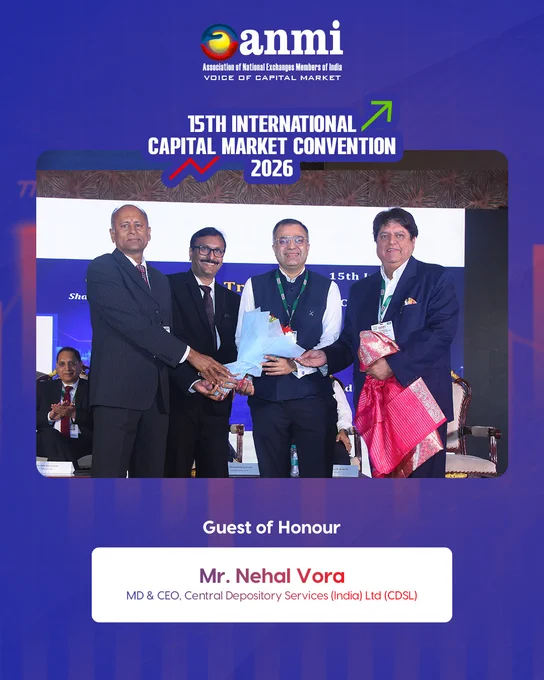 ANMI International Capital Market Convention 2026 image of Mr. Nehal Vora, MD & CEO, CDSL, addressing the audience as Guest of Honour at the podium, reinforcing trust, transparency, depositories, investor confidence, and market infrastructure in India’s capital markets.