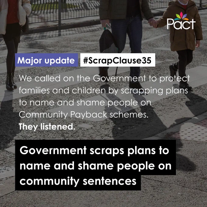 Photo showing an adult and child walking across a zebra crossing. At the top left, there is a purple label reading “Major update” and a white label with black text reading “#ScrapClause35.” Below, white text says: “We called on the Government to protect families and children by scrapping plans to name and shame people on Community Payback schemes. They listened.” At the bottom, a bold black box contains white text: “Government scraps plans to name and shame people on community sentences.” The Pact logo appears in the top right corner.