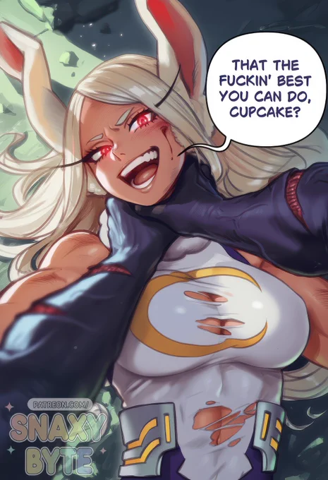 White haired rabbit-eared fighter with glowing red eyes smirks while gripping an opponent’s throat, torn costume and battle-scars visible.
