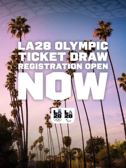 A photo of a long strip of palm trees with a sunset in the background is featured. In bold white font, text reads “LA28 Ticket Draw Registration Open Now.” 