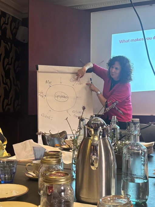 A woman pointing at a white flip chart. She is pointing to an area called context/rules, whilst other areas on the flip chart include Lipspeaker, me, clients, life events and more!