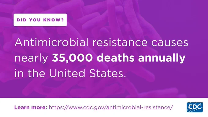 Purple graphic with the text “Did you know? Antimicrobial resistance causes nearly 35,000 deaths annually in the United States.” Background shows a faint image of bacteria. A CDC logo appears in the bottom right, with a link reading “Learn more: cdc.gov/antimicrobial-resistance.” 