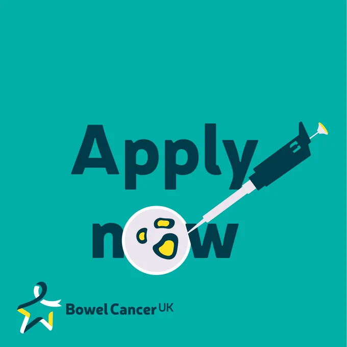 Graphic for Bowel Cancer UK featuring the text "Apply now" with a stylized image of a syringe pointing to a cell, accompanied by the Bowel Cancer UK logo with a ribbon.
