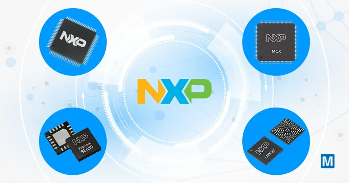 NXP logo centered on a futuristic tech-themed background with four different NXP semiconductor chips displayed in blue circles around it, including models labeled MCX, SE050, and i.MX 8
