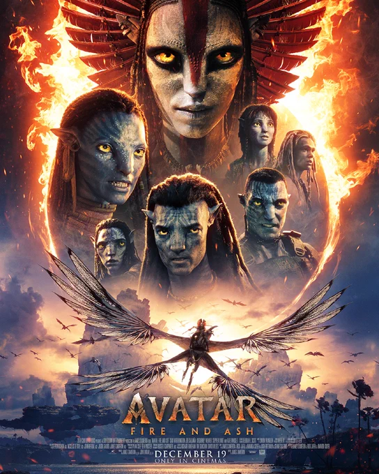 Poster for "Avatar: Fire and Ash" showing Na'vi characters with intense expressions surrounding a central figure on a winged creature. 