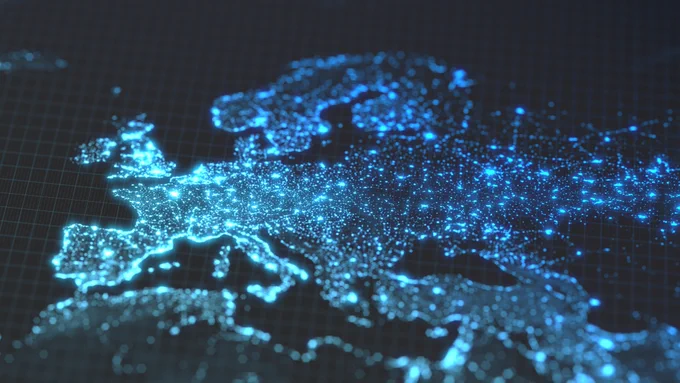 Europe and parts of Africa and Asia lit up by blue lights