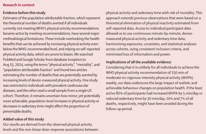 Research in context panel for Lancet paper "Deaths potentially averted by small changes in physical activity and sedentary time: an individual participant data meta-analysis of prospective cohort studies". Copyright: 2025 Published by Elsevier Ltd.