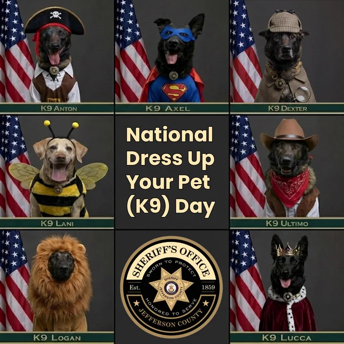 Collage of seven Jefferson County Sheriff Office K9 dogs posed in front of American flags wearing costumes. Labeled portraits show K9 Anton dressed as a pirate, K9 Axel in a superhero outfit, K9 Dexter is dressed as a detective, K9 Lani as a bumblebee, K9 Ultimo as a cowboy, K9 Logan with a lion mane, and K9 Lucca wearing a crown and cape. Center text reads National Dress Up Your Pet (K9) Day with the Jefferson County Sheriff Office logo below.
