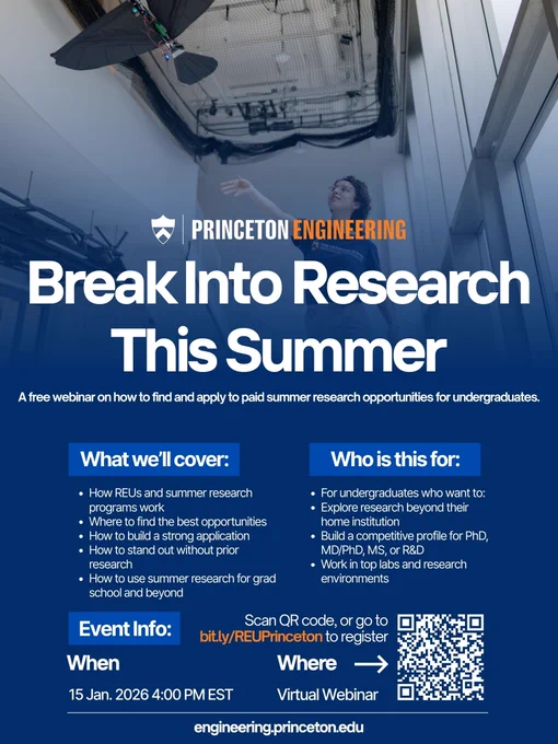 Princeton Engineering: Break into research this summer. Photo of young woman throwing a bird-like model airplane. "A free webinar on how to find and apply to paid summer research opportunities for undergraduates." Jan 15, 4 p.m. Eastern. QR code to register.